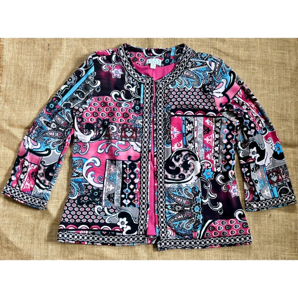 Joan Rivers Colorful Patchwork Open Blazer Jacket Sz Medium Statement Maximalist